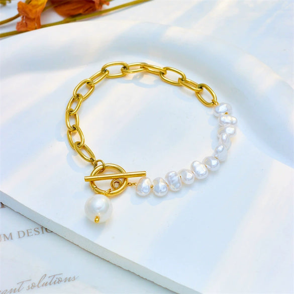 Punk Fashion Retro Asymmetric Chain Pearl Beaded Pendant Buckle High Sense Titanium Steel Jewelry Bracelet With Electroplating