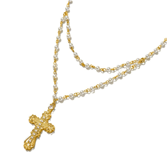 Punk Geometric Cross Necklace For Women Copper Mixed Gemstone Inlay Pearl Chain