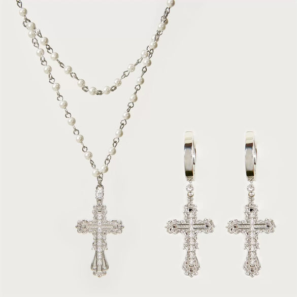 Punk Geometric Cross Necklace For Women Copper Mixed Gemstone Inlay Pearl Chain