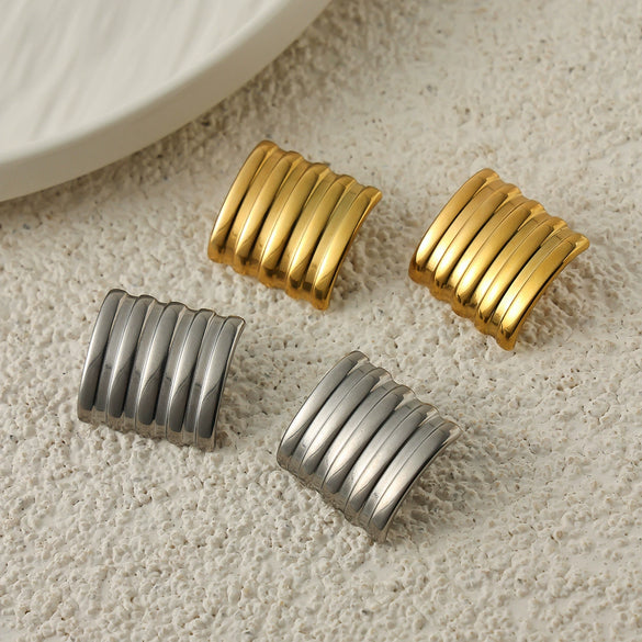 Punk Geometric Square Stud Earrings With Vertical Stripe Design Gold Tone Electroplating And Stainless Steel Posts For Women
