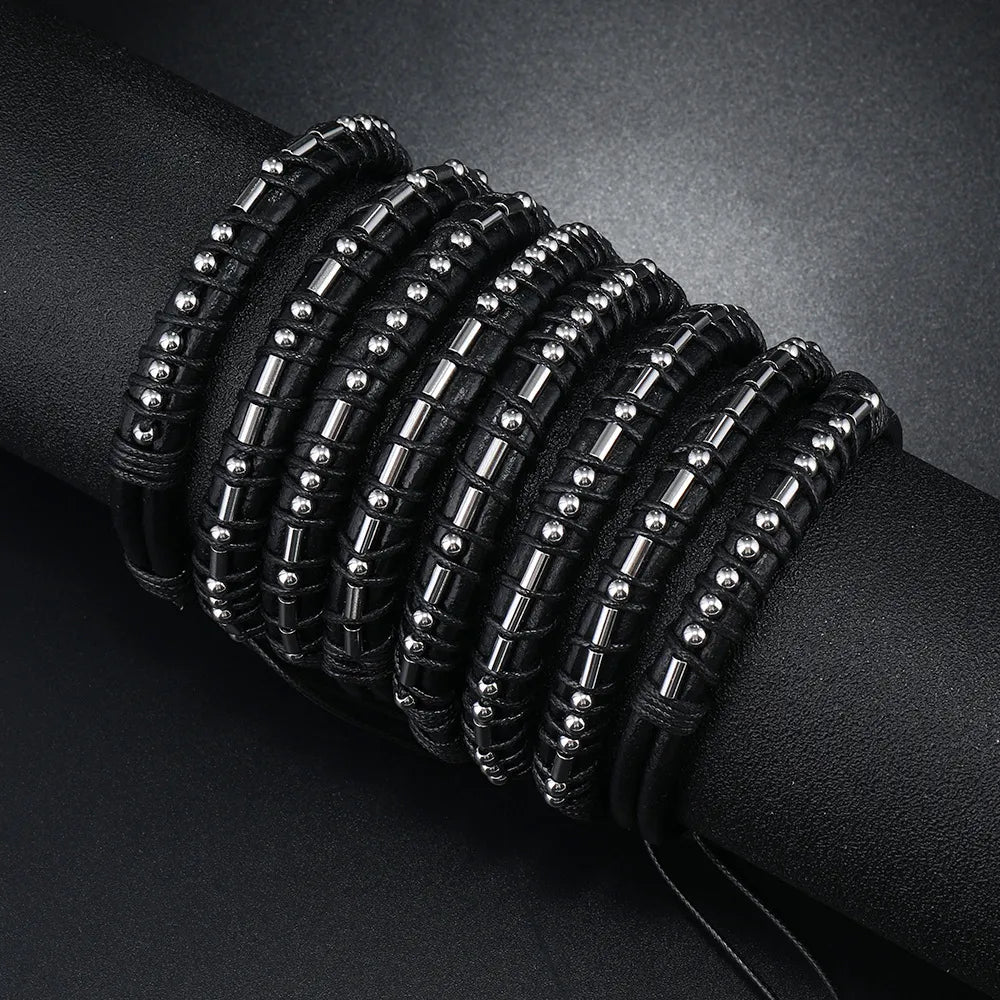 Punk Geometric Stainless Steel Pu Leather Men'S Bracelets