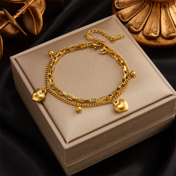 Punk Hip Hop Retro Double Layer Love Round Beads Titanium Steel Electroplated Women's Pendant Chain Bracelet