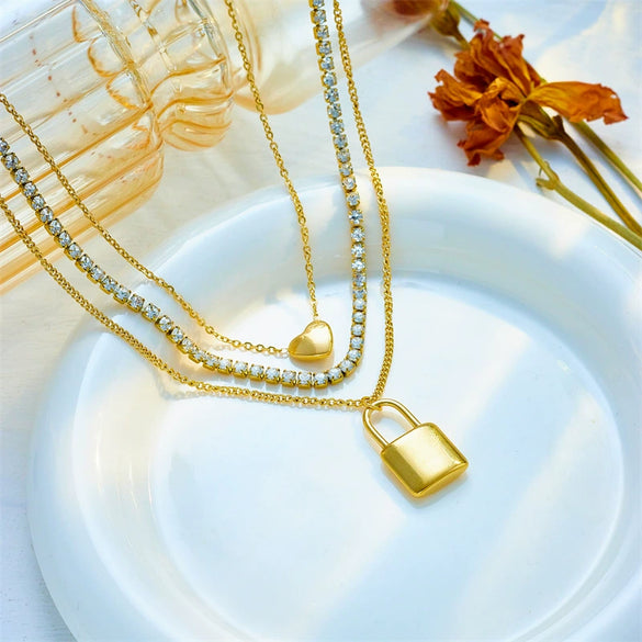 Punk Hiphop Cold Style Metal Multilayer Chain Lock Heart Pendant Titanium Steel Necklace With Electroplating