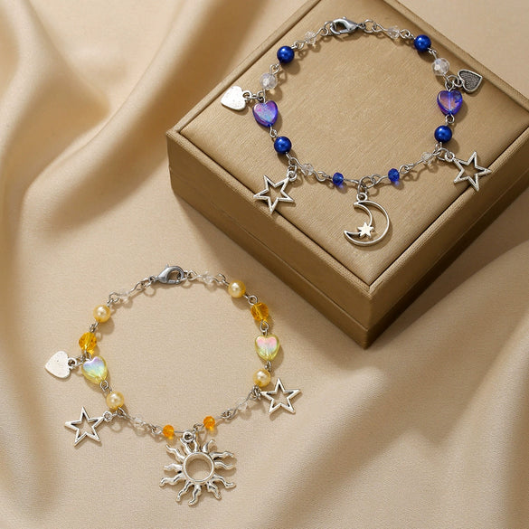 Punk Hollow Fivepointed Star Star Moon Sun Cat Alloy Iron Glass Handmade Geometric Bracelet Unisex