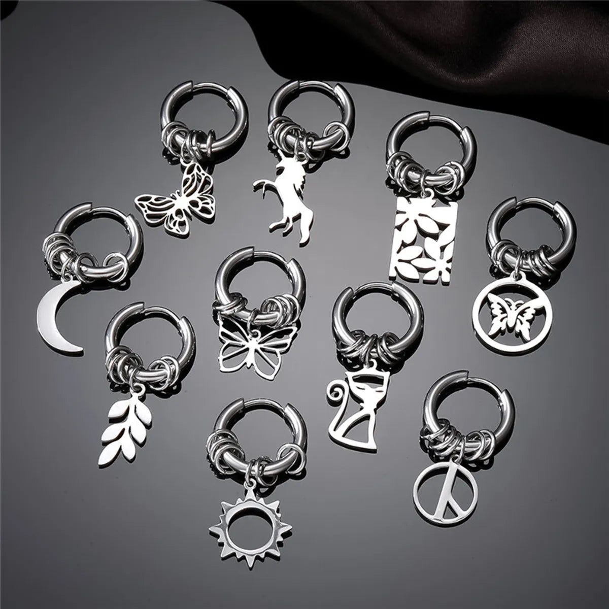 Punk Leaves Cat Butterfly Stainless Steel Plating Hollow Out Drop Earrings