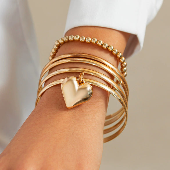 Punk Metal Beaded Bracelet With Love Pendant Geometric Style Iron Electroplated For Women