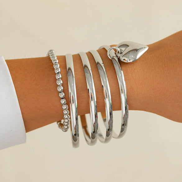 Punk Metal Beaded Bracelet With Love Pendant Geometric Style Iron Electroplated For Women