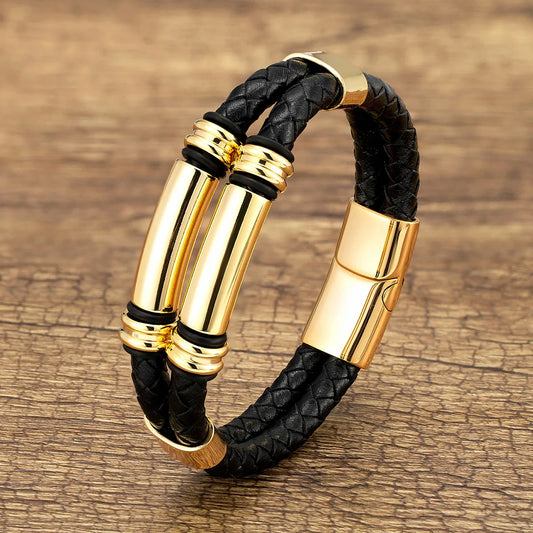 Punk Modern Style Geometric Color Block Stainless Steel Pu Leather Handmade Metal Men'S Bracelets