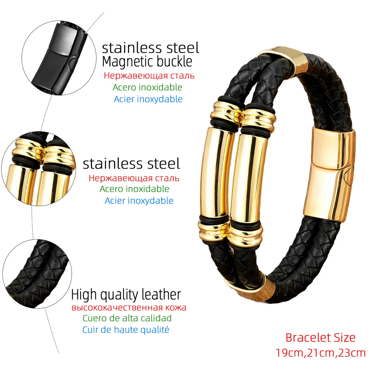 Punk Modern Style Geometric Color Block Stainless Steel Pu Leather Handmade Metal Men'S Bracelets