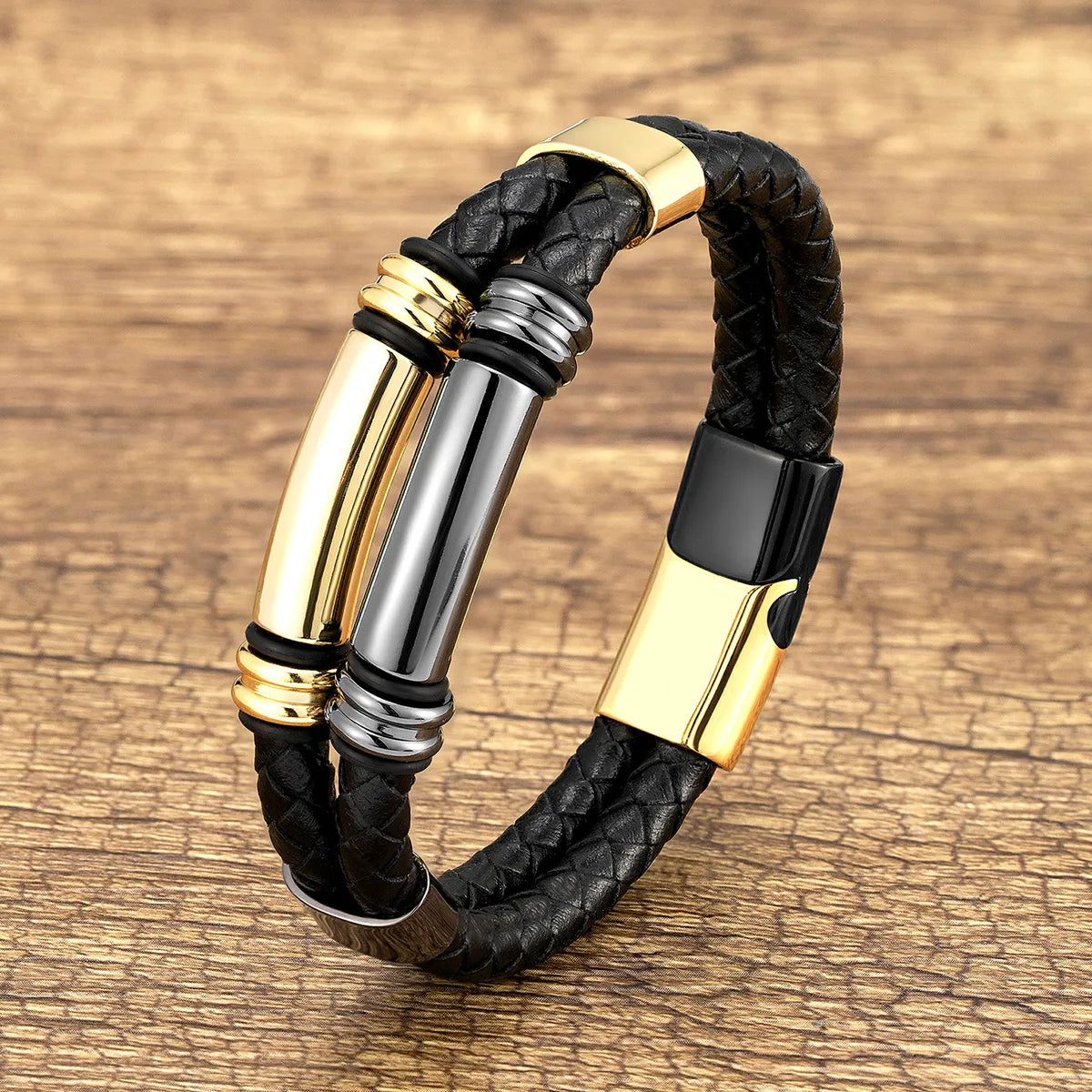 Punk Modern Style Geometric Color Block Stainless Steel Pu Leather Handmade Metal Men'S Bracelets