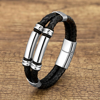 Punk Modern Style Geometric Color Block Stainless Steel Pu Leather Handmade Metal Men'S Bracelets