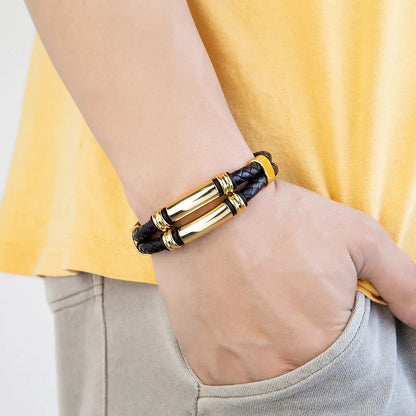 Punk Modern Style Geometric Color Block Stainless Steel Pu Leather Handmade Metal Men'S Bracelets