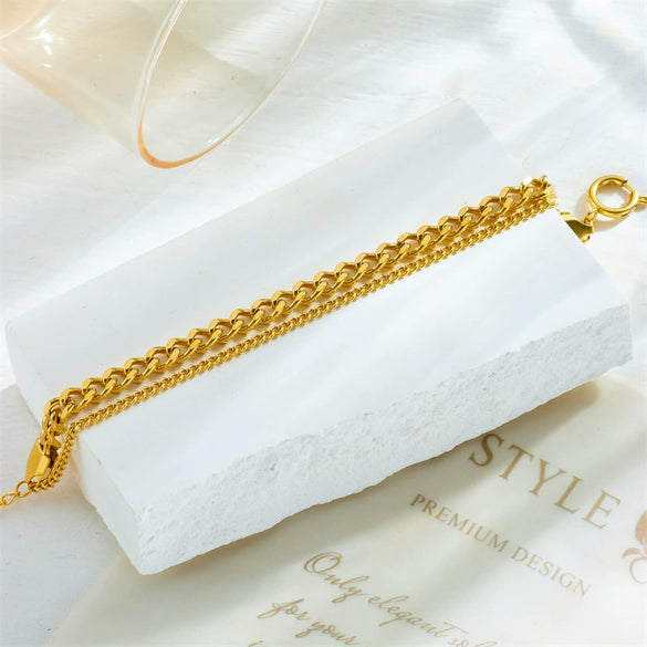 Punk Retro Doublelayer Stacked Chain Stainless Steel Goldplated Unisex Bracelet