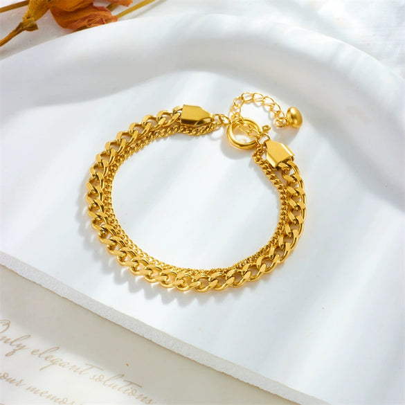 Punk Retro Doublelayer Stacked Chain Stainless Steel Goldplated Unisex Bracelet