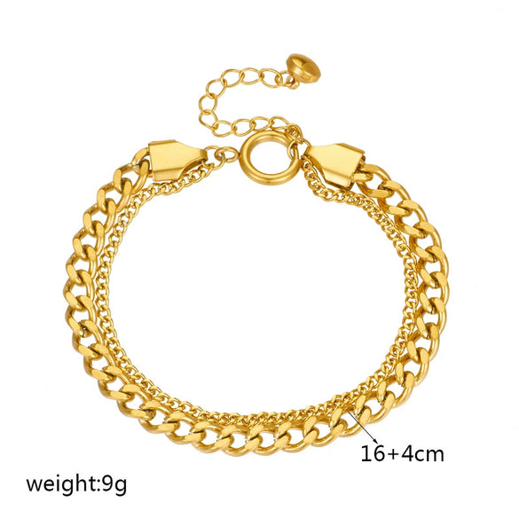 Punk Retro Doublelayer Stacked Chain Stainless Steel Goldplated Unisex Bracelet