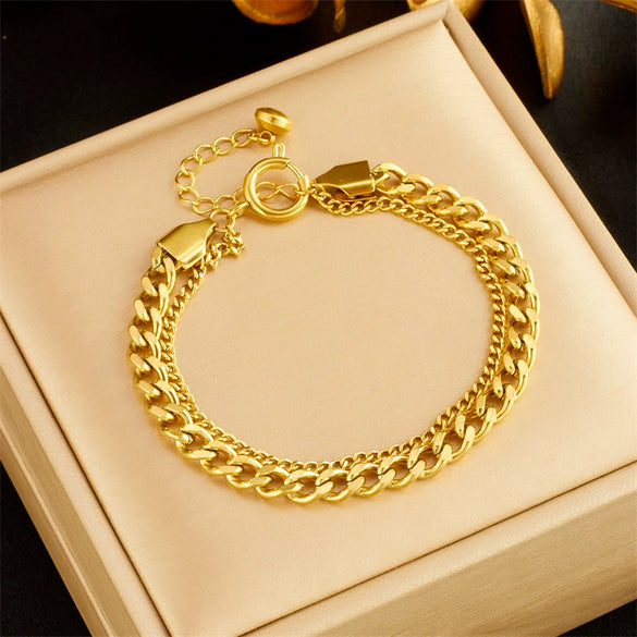 Punk Retro Doublelayer Stacked Chain Stainless Steel Goldplated Unisex Bracelet
