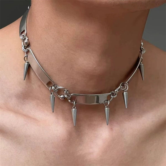 Punk Rivet Choker Necklace With Polished Stainless Steel Geometric Pendant And Oshaped Chain Unisex Casual Hiphop Jewelry