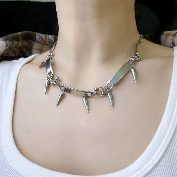 Punk Rivet Choker Necklace With Polished Stainless Steel Geometric Pendant And Oshaped Chain Unisex Casual Hiphop Jewelry