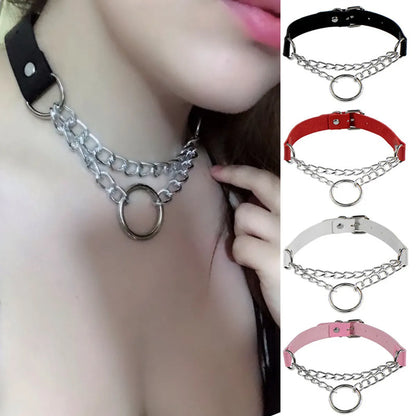 Punk Round Pu Leather Alloy Plating Chain Women's Choker