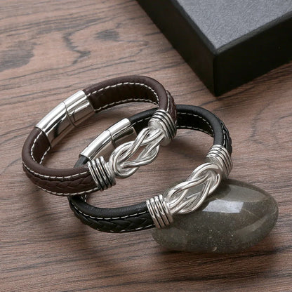 Punk Simple Style Knot Stainless Steel Pu Leather Men'S Bangle