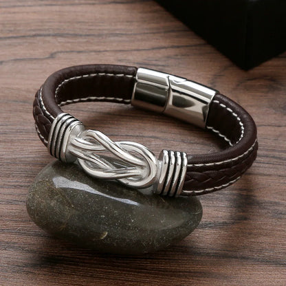 Punk Simple Style Knot Stainless Steel Pu Leather Men'S Bangle