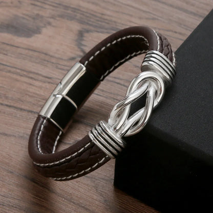 Punk Simple Style Knot Stainless Steel Pu Leather Men'S Bangle