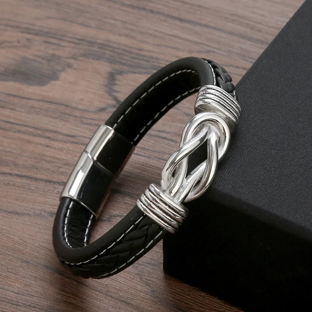 Punk Simple Style Knot Stainless Steel Pu Leather Men'S Bangle