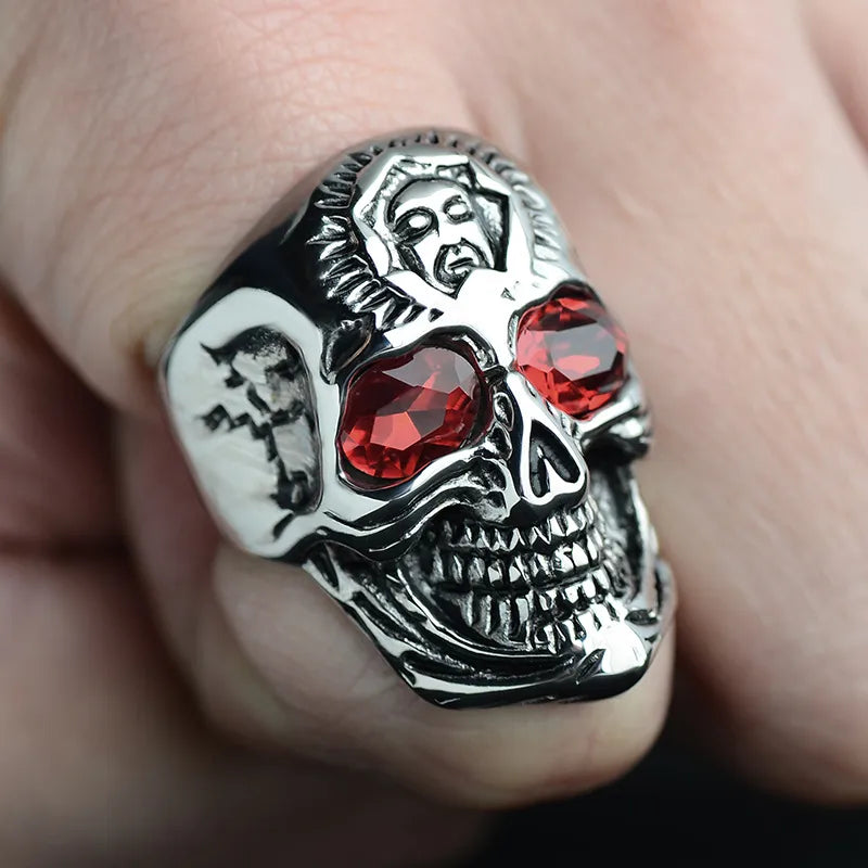 Punk Skull 304 Stainless Steel Inlay Rhinestones 18K Gold Plated Men'S Rings