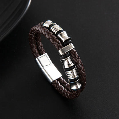 Punk Solid Color Stainless Steel Pu Leather Men'S Wristband