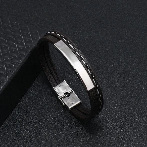 Punk Solid Color Titanium Steel Men'S Bangle Men Cord & Leather Bracelets