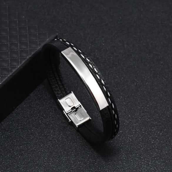 Punk Solid Color Titanium Steel Men'S Bangle Men Cord & Leather Bracelets