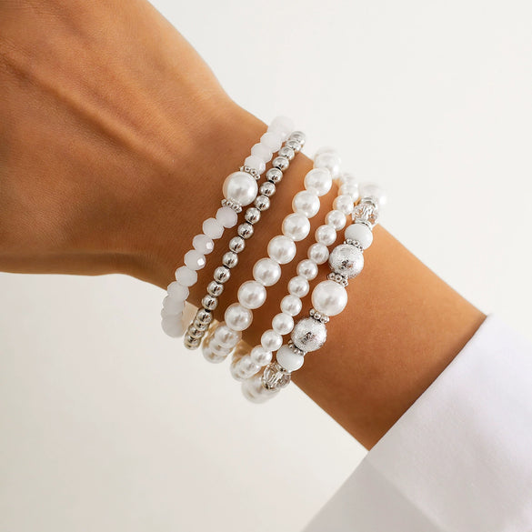 Punk Stacked Love Pendant Beaded Bracelet Imitation Pearl Elastic Bracelet Electroplating Heart Geometric