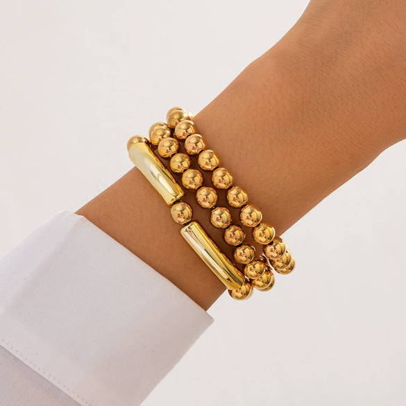 Punk Stacked Love Pendant Beaded Bracelet Imitation Pearl Elastic Bracelet Electroplating Heart Geometric