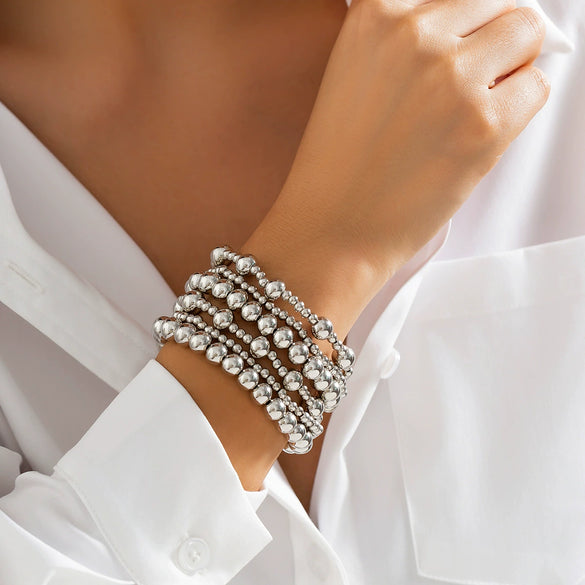 Punk Stacked Love Pendant Beaded Bracelet Imitation Pearl Elastic Bracelet Electroplating Heart Geometric