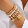 Punk Stacked Love Pendant Beaded Bracelet Imitation Pearl Elastic Bracelet Electroplating Heart Geometric