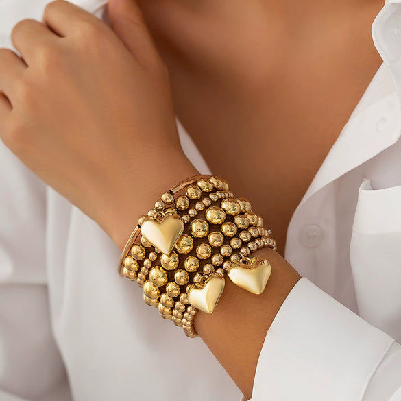 Punk Stacked Love Pendant Beaded Bracelet Imitation Pearl Elastic Bracelet Electroplating Heart Geometric