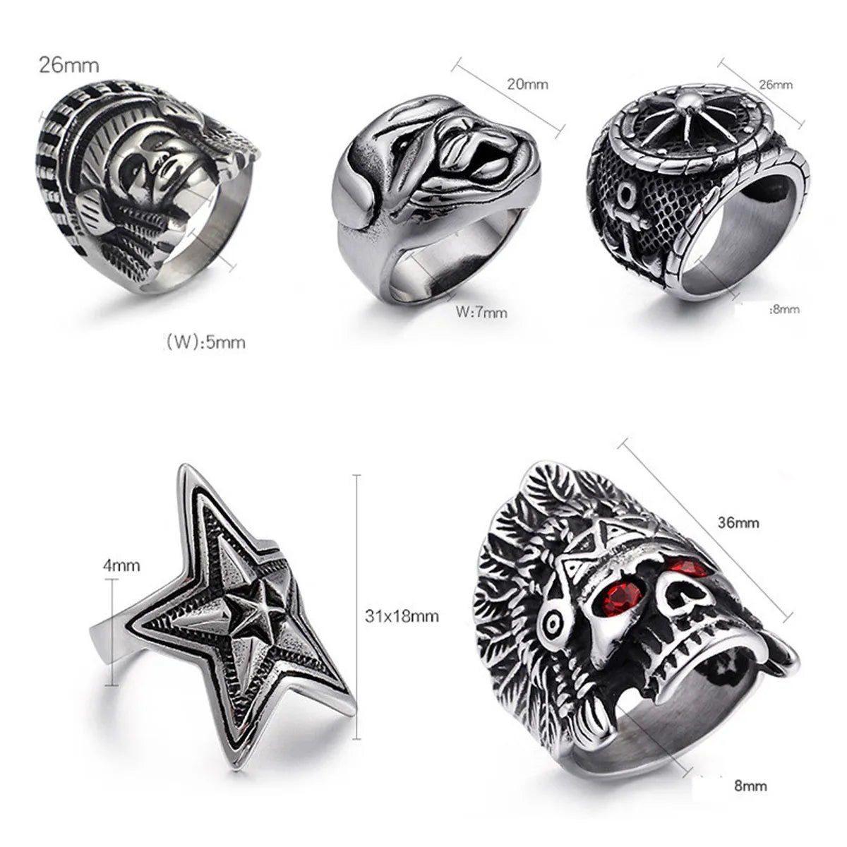 Punk Star Skull Titanium Steel Plating Men'S Rings