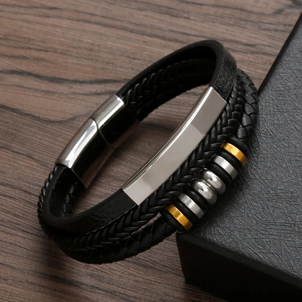 Punk Streetwear Geometric Stainless Steel Pu Leather Men'S Bangle