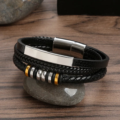 Punk Streetwear Geometric Stainless Steel Pu Leather Men'S Bangle