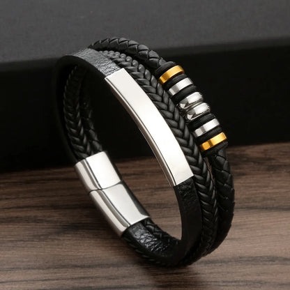 Punk Streetwear Geometric Stainless Steel Pu Leather Men'S Bangle