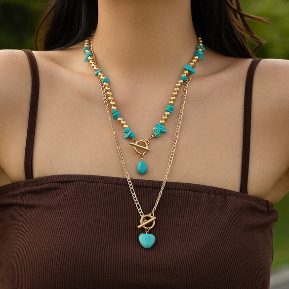 Punk Style Alloy Imitation Turquoise Peach Heart Pendant Necklace With Iron Chain And Animal Zodiac Pattern Electroplated
