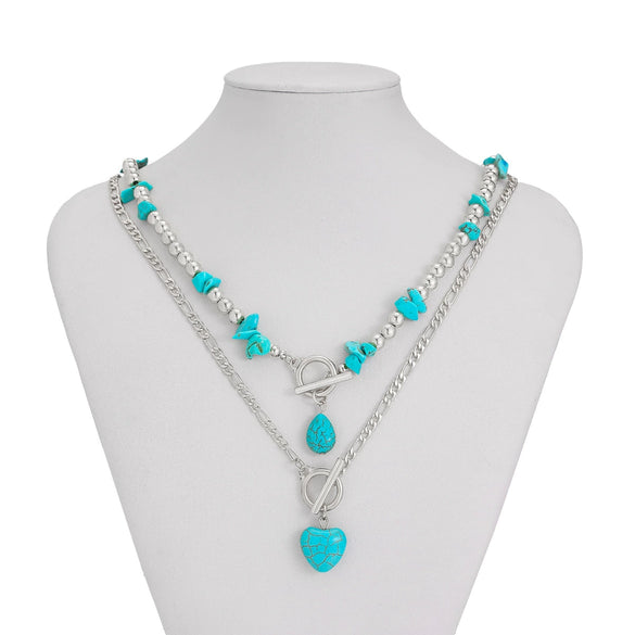 Punk Style Alloy Imitation Turquoise Peach Heart Pendant Necklace With Iron Chain And Animal Zodiac Pattern Electroplated