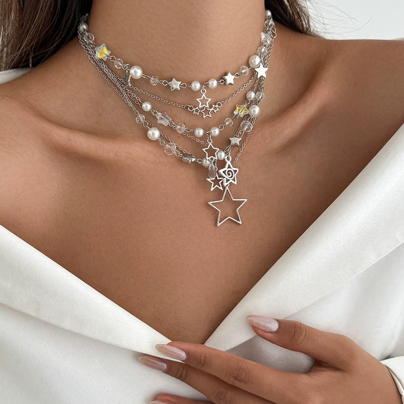 Punk Style Alloy Pendant Necklace With Heart And Star Shapes Electroplated