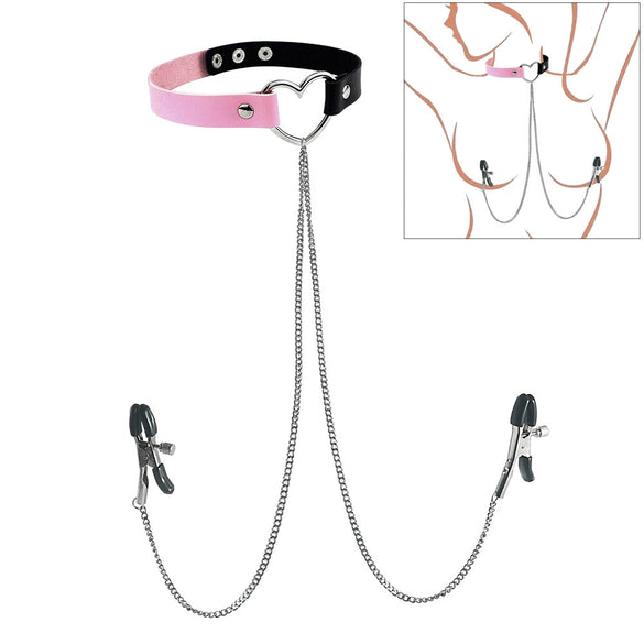 Punk Style Collar Necklace With Pu Leather Heart Pattern And Stainless Steel Snake Bone Chain Electroplating Treatment