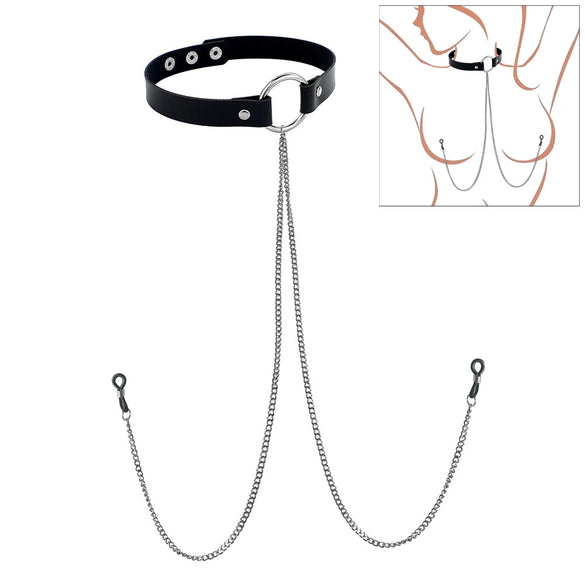Punk Style Collar Necklace With Pu Leather Heart Pattern And Stainless Steel Snake Bone Chain Electroplating Treatment