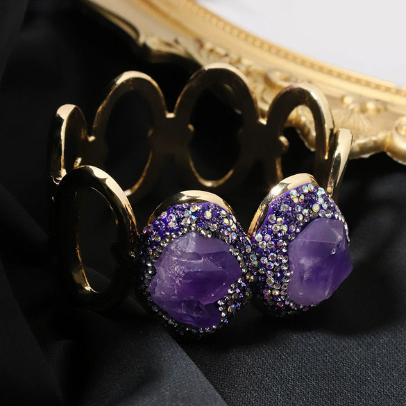 Punk Style Crystal Heavy Industry Cut Out Wide Edge Electroplated Gold Bracelet For Women