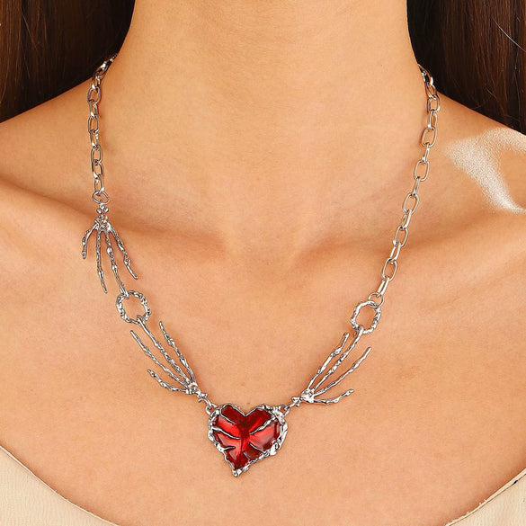 Punk Style Dark Red Love Alloy Heart Shape Pendant Necklace With Electroplating Treatment