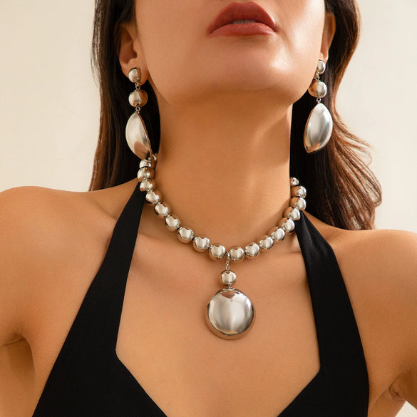 Punk Style Detachable Metal Semicircle Beaded Pendant Necklace With Geometric Pattern And Electroplating Treatment