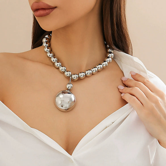 Punk Style Detachable Metal Semicircle Beaded Pendant Necklace With Geometric Pattern And Electroplating Treatment
