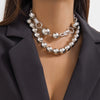Punk Style Double Layer Round Beaded Necklace With Imitation Pearl Pendant And Ball Chain Geometric Pattern Electroplated For Women